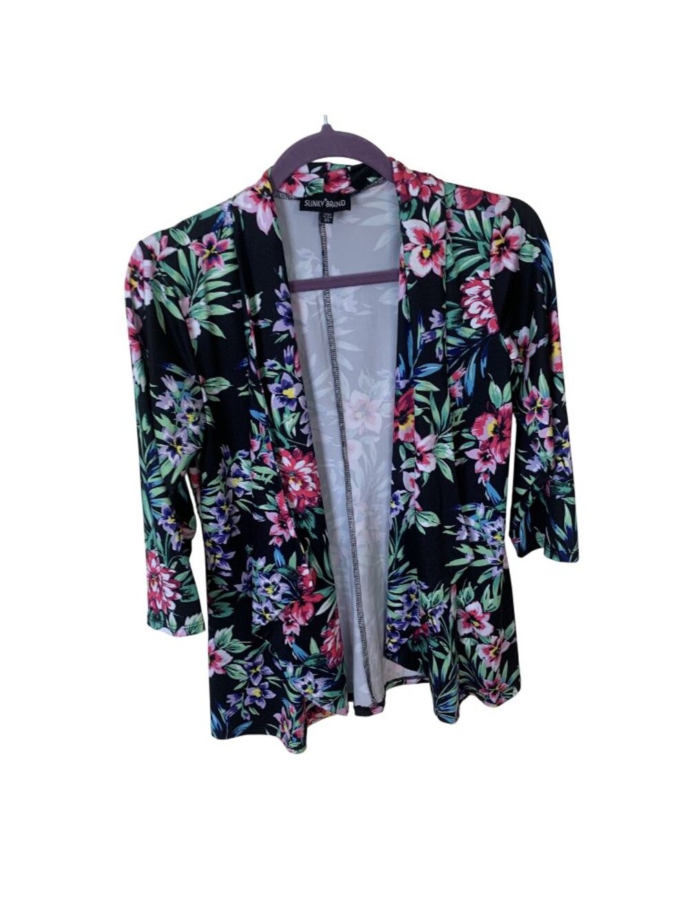 Slinky Brand Floral Print Open-Front Cardigan Jacket XS Black Pink Green